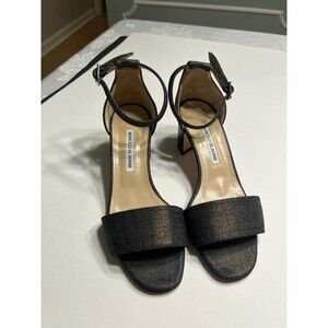 Manolo Blahnik Metallic Denim Wide Front Band Ankle Strap Block Heel Italy Sz 7